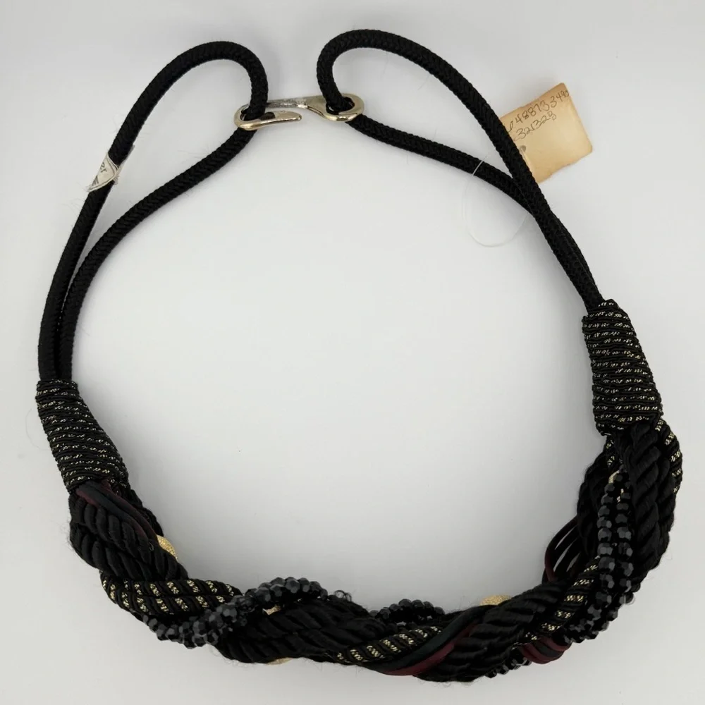 Vintage Braided Rope Belt Black Gold Beaded Statement Belt Boho